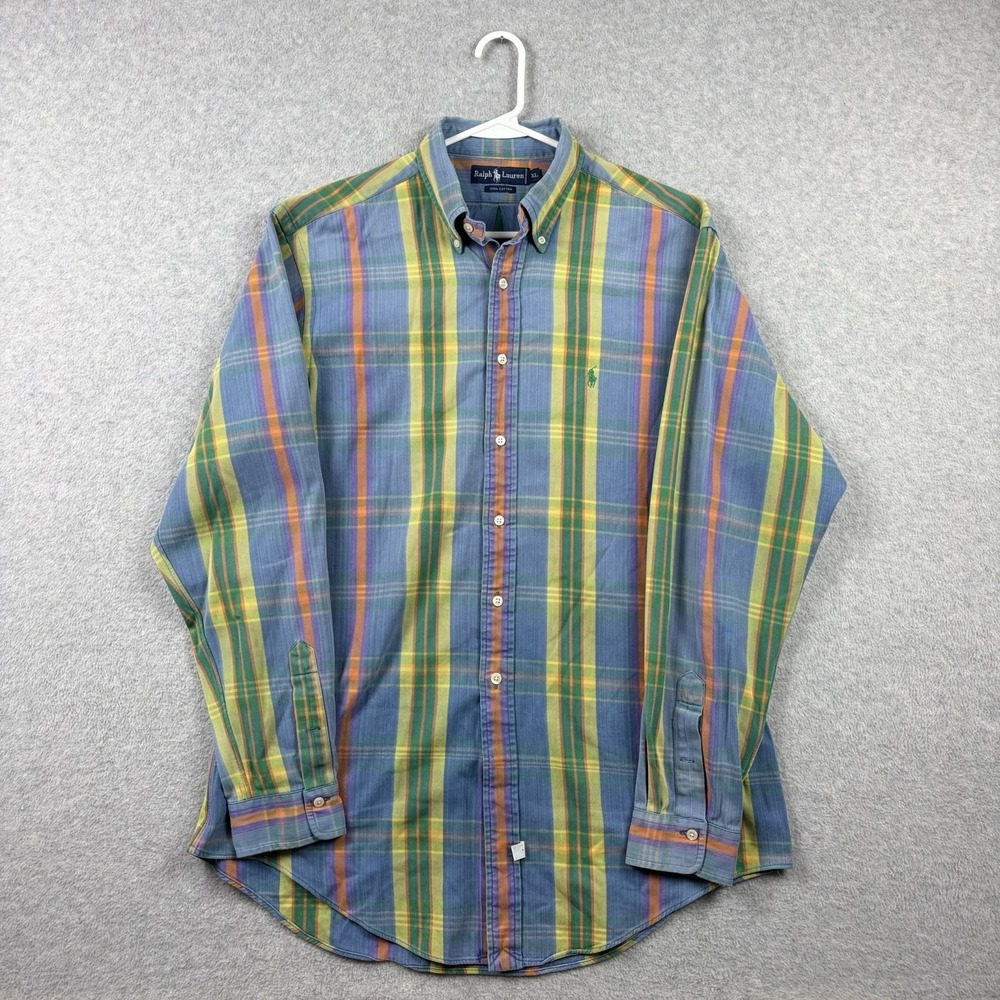 Vintage Ralph Lauren Shirt Mens XL Blue Plaid Heavy Cotton Button Down Preppy